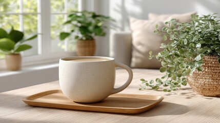Elegant White Speckled Ceramic Mug Filled With A Warm Beverage Sits On A Woven Tray With Natural Light Streaming In Next To Lush Green Potted Plants And A Cozy Sofa In A Bright Room