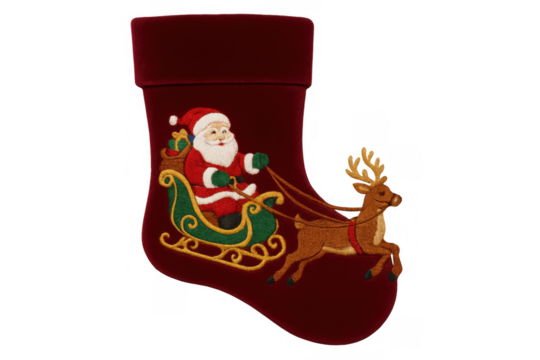 Christmas stocking with santa claus riding sleigh pulled by reindeer embroidery. Holiday decoration for winter celebration - Powered by Adobe