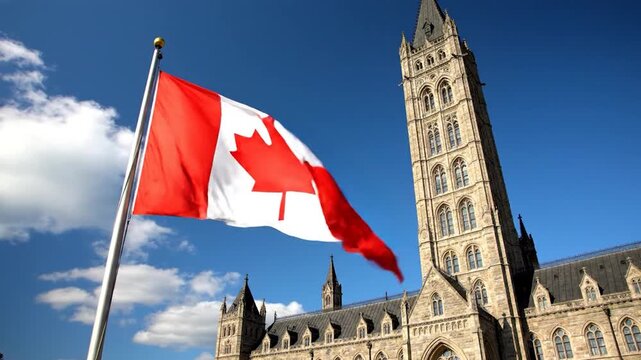 Waving Canadian flag proudly flies in front of historic Parliament Hill buildings under a bright blue sky