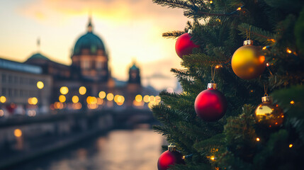 Festive Christmas tree adorned with colorful baubles and warm lights set against a historic cityscape of Berlin