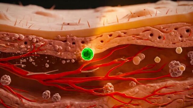 Close up view of skin layers with blood vessels and a green cell highlighted in the skin area