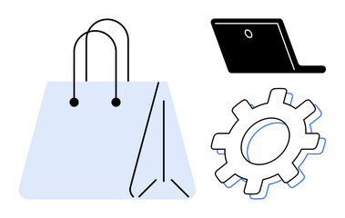 Shopping bag, laptop, and gear represent online shopping, e-commerce management, and optimization. Ideal for e-commerce, business, technology, workflow retail marketing simple flat metaphor