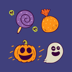 Playful Cartoon Halloween Elements Set with Spooky Ghost, Sweet Candy, and Smiling Pumpkin