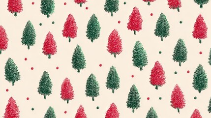 Cute Christmas tree pattern with red and green colors. Hand-drawn style.