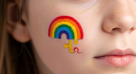 Woman showing rainbow puzzle symbol painted on her cheek for World Autism Awareness Day to promote understanding and acceptance of autism spectrum disorder.