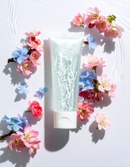 Skincare tube mockup with cherry blossoms on water.