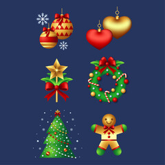 Festive Christmas Ornaments Baubles, Wreaths, and Gingerbread Man Vector Set