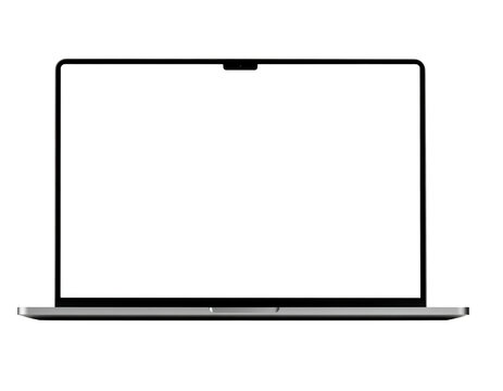 A modern, open laptop with a blank white screen, featuring a dark gray body and visible keyboard, positioned straight on and isolated on a light gray background.