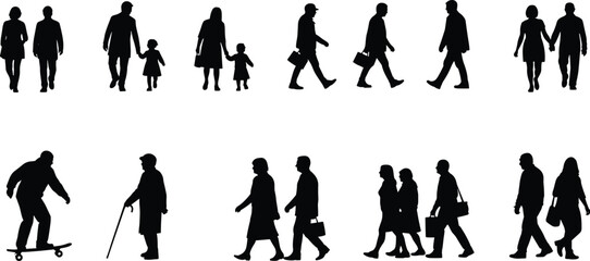 Stick Figure Silhouettes Set Sleeping Walking Sitting Raising Hands Human Action Vector Icons Collection.