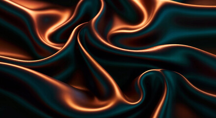 Close-Up of Silky Fabric in Flowing Folds with Copper and Teal Highlights Showcasing Luxurious Texture and Light Play
