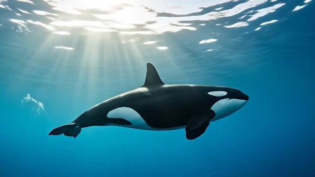 Graceful killer whale swims in sunlit ocean depths, majestic underwater movement