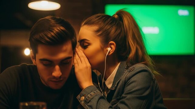 Young woman whispering a secret to a man in a dimly lit bar