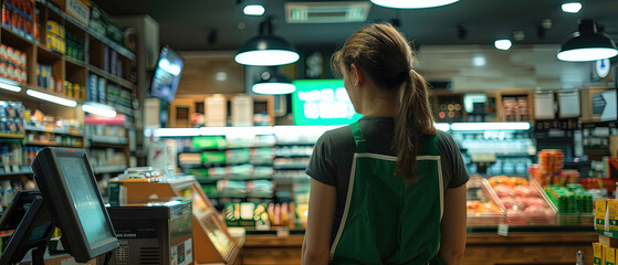 Naklejka na ściany i meble Woman in green apron stands behind grocery counter near cash register, facing shelves filled with food products and fresh citrus. Naklejka na ściany i meble Woman in green apron stands behind grocery counter near cash register, facing shelves filled with food products and fresh citrus.