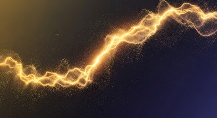 Abstract golden energy wave of shimmering particles flowing across a dark gradient background.