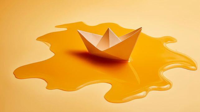 A paper boat sailing on a puddle of water, against a yellow background. Concept of imagination, play and adventure