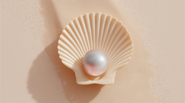 A seashell holding a pearl, on the sand of a beach