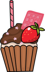 Cupcake with chocolate cream, wafer sticks and sprinkles
