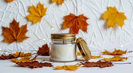 Glass Jar Candle with Golden Lid Surrounded by Autumn Leaves and String Lights on White Surface Evoking Cozy Seasonal Ambiance
