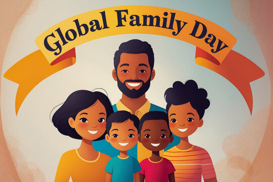 Greeting card for international family day, smiling happy people parents and children AI Generative