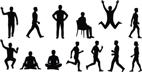 People Silhouettes Set Running Walking Standing Kneeling Human Action Poses Vector Figures Collection.