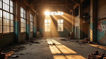 Sunbeams illuminate a dusty, abandoned industrial interior with graffiti - Powered by Adobe