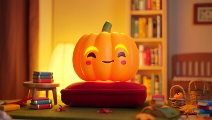 A cheerful, 3D pumpkin with a friendly face sits on a red cushion, surrounded by books and a warm lamp, capturing a cozy, relaxed fall reading atmosphere.