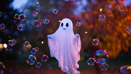 A cheerful, floating ghost with wide eyes and a simple smile is surrounded by numerous iridescent soap bubbles, creating a magical and whimsical Halloween scene at dusk.