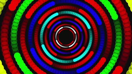 Vibrant concentric circles of colorful dots create a mesmerizing abstract tunnel effect with a dark center