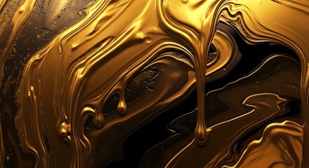 Abstract background of luxurious liquid gold paint flowing and dripping over a dark textured surface.