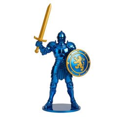 Naklejka premium shiny blue toy knight figure with golden sword and a decorated shield object, isolated on white or transparent background. PNG