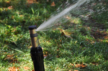 Jet of water shoots with pressure from the  irrigation equipment