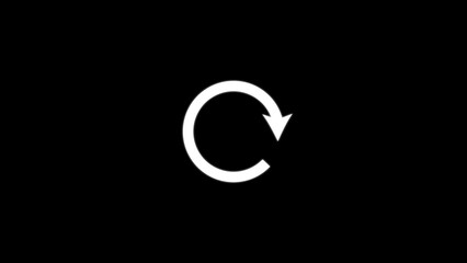 Simple white circular arrow symbol with a pointed end indicating rotation on a stark black background