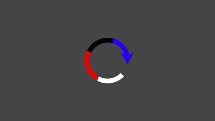 Abstract circular arrow symbol with red white blue and black segments on dark gray background