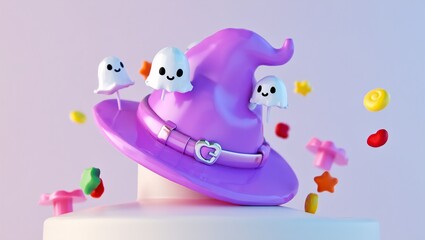 An adorable, bright purple witch hat holds three tiny, smiling sheet ghosts, with colorful gummy candies floating against a soft, pastel background in this sweet 3D Halloween fantasy.