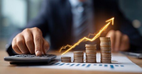 Confident businessman meticulously calculating interest rates with a calculator, symbolizing financial strategy, investment growth, and smart fiscal planning for business success.