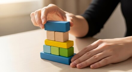 Woman building a tower with colorful wooden blocks. Support and correction for autism spectrum disorder. World Autism Awareness Day concept.
