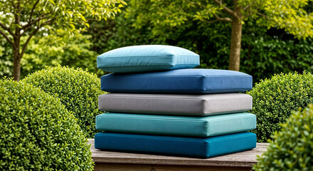 Stack of Colorful Outdoor Cushions on Stone Surface Surrounded by Green Shrubs in Serene Garden Setting
