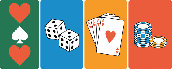 Casino games illustration with playing cards dice and poker chips