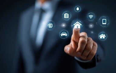 Confident businessman orchestrates smart city, home, and car futures with digital icons, symbolizing innovation and urban development progress