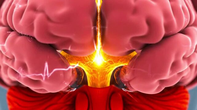 Anatomical view of a brain showing the cerebrum cerebellum and brainstem with a bright glow in the center
