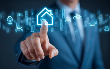 Confident businessman making smart choices with green energy and smart home technology icons, symbolizing innovation and sustainable future planning in a modern business context.