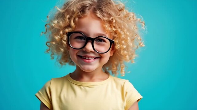Happy little curly blond girl with big eyeglasses. Isolated on solid blue background  
