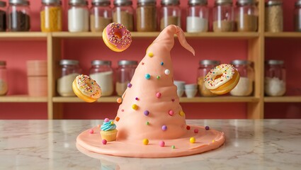 A whimsical witch's hat sculpted from pink fondant sits on a marble counter, surrounded by colorful sprinkles, a tiny cupcake, and floating, sprinkled donuts.