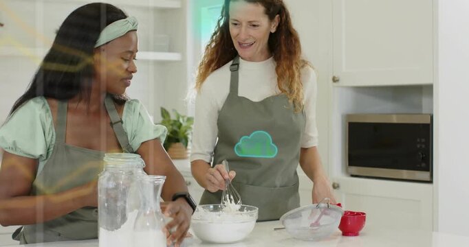 Two women measuring flour and cracking eggs, guiding whisk mixing batter for cooking tutorial