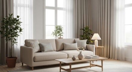 Serene Scandinavian Living Room with Natural Light and Neutral Tones