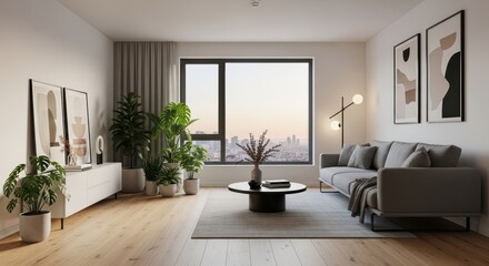 Modern Living Room Interior Design with Large Windows and City Views