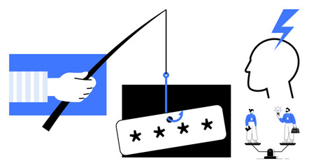 Fishing hook catching password card, human head with lightning, weighing individuals. Ideal for cybersecurity, phishing awareness, privacy, online security, hacking, data protection communication
