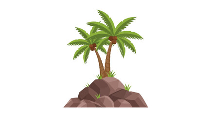 Obraz premium Tropical Palm Trees on Rocky Outcrop Against a White Backdrop in a Vector Style