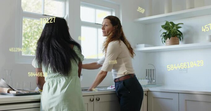 Female friends turning on faucet scrubbing dishes with animated bubbles highlighting health hygiene