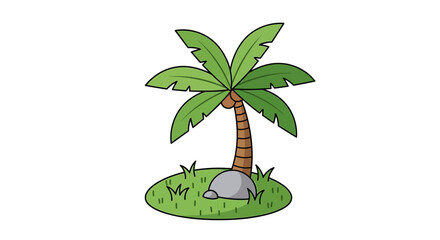 Obraz premium Cartoon Style Palm Tree Illustration on a Small Isolated Green Island